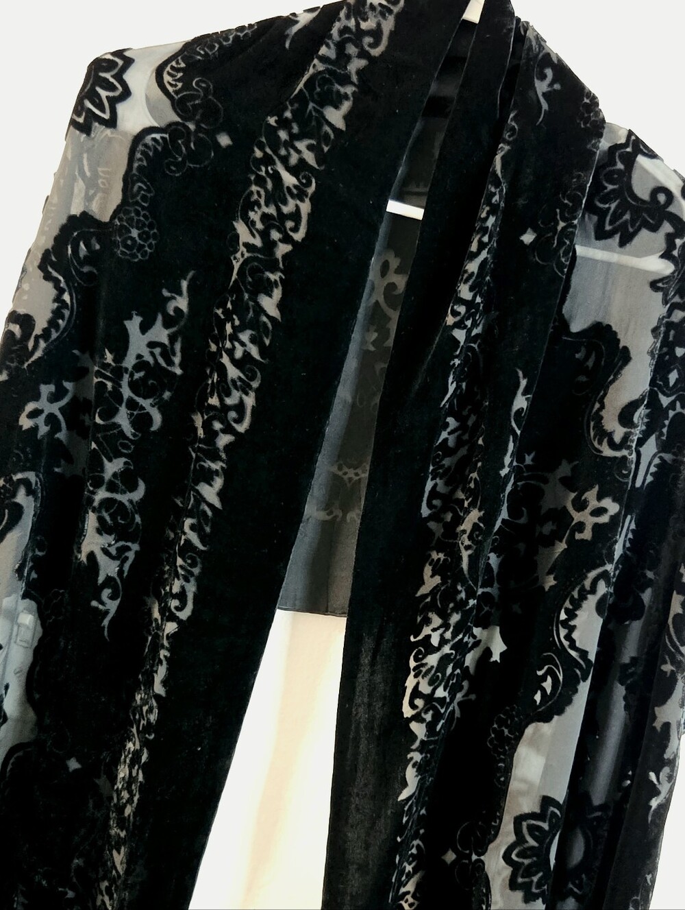 Black Burnout Velvet Sheer Floral Damask Fringe Shawl Scarf Wrap